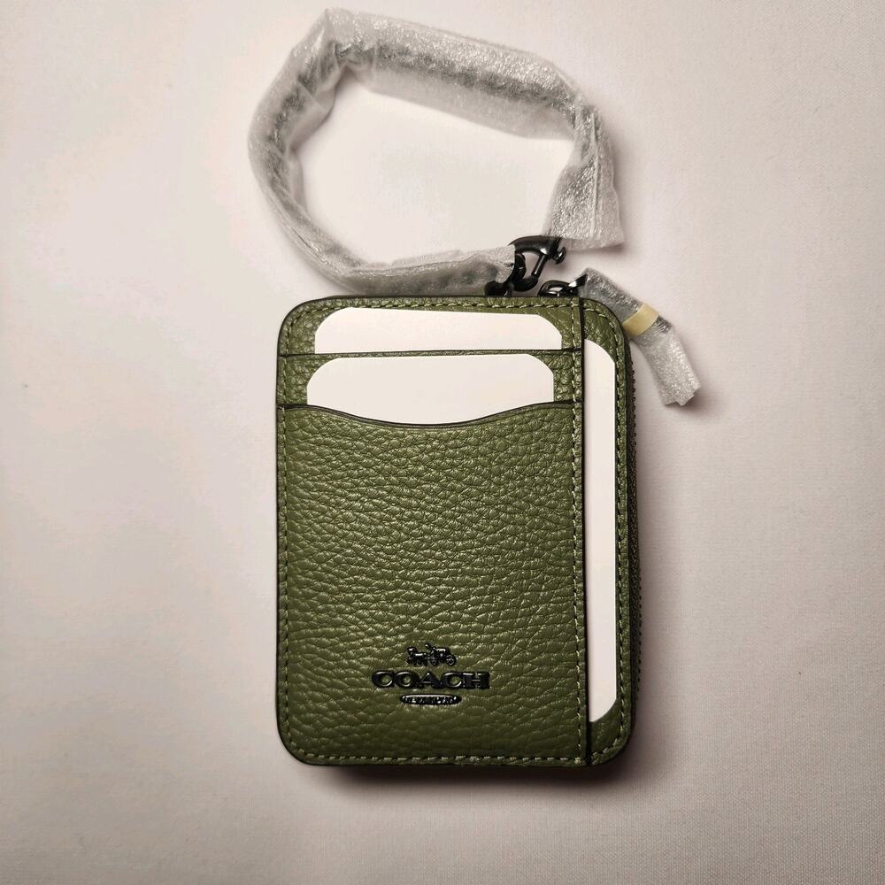 NWT COACH 6303 Zip Card Case Military Green Refined Pebble Leather